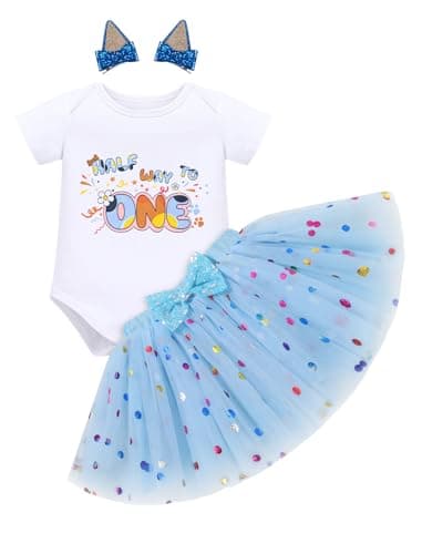 IMEKIS Baby Girl Half 1st 2nd Birthday Outfit Romper Confetti Tutu Skirt Dog Ears Hair Clips for Cake Smash Photo Shoot