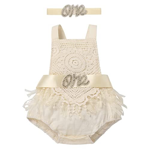 IMEKIS Baby 1st Birthday Photograph Props Boho Lace Romper + Headband + Sash Belt Set