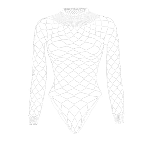 Tosmifairy Women's Stretch Fishnet Mesh Long Sleeve Rave Romper Body Suit