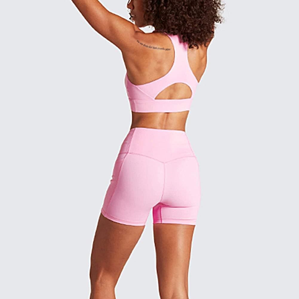 Women Seamless Yoga Outfits 2 Piece Workout Set Sleeveless Racerback Crop Top Sprots Bra High Waist Shorts Legging Stretch Tummy Control Fitness Athletic Running Gym Clothes Activewear Tracksuit Pink S