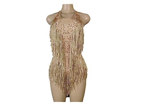 HEYDHSDC Sparkly Crystals Fringe Bodysuit Dance Costume