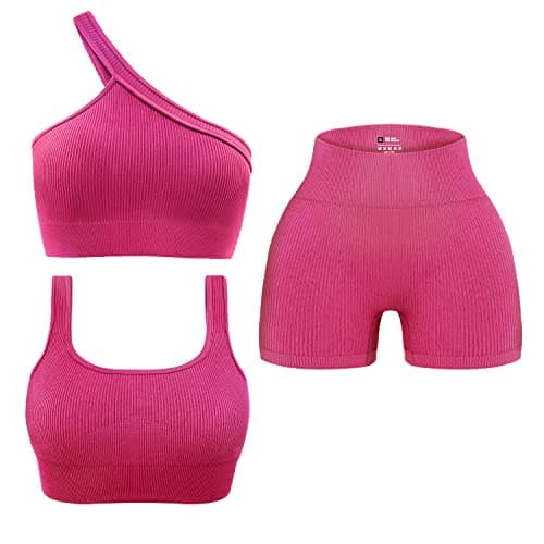 OLCHEE Women's 3-Piece Seamless Yoga Outfit - High Waist Shorts & One-Shoulder Sports Bra