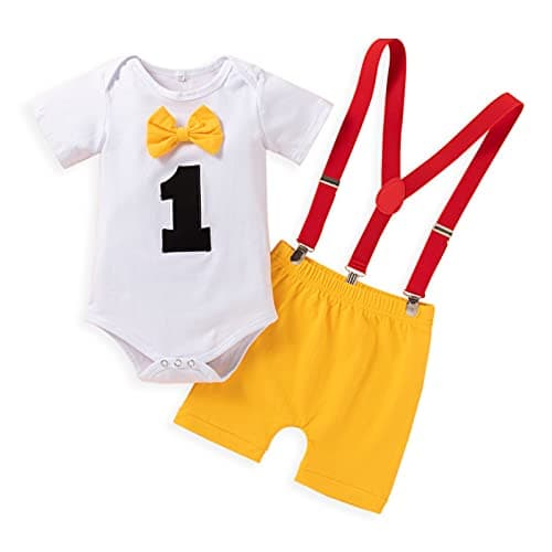 Baby Boy First Birthday Outfit with Bunting Flag Bow Tie Bodysuit Shorts Suspenders