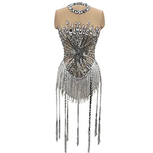 Youmeisha Sparkly Rhinestone Fringes Sequins Women's Mesh Dance Costume