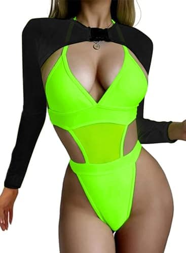 Ella Lust Rave Outfits: Neon Bodysuit & Mesh Crop Top Set for Women