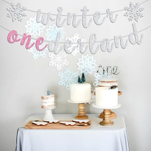 Ferburitar Snowflake Winter 1st Birthday Banner, Silver & Pink Glitter