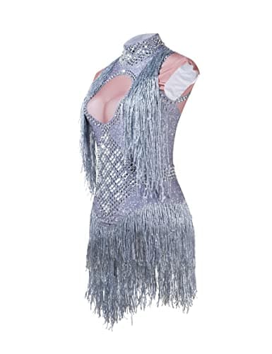 YUANTONG Sparkly Silver Rhinestone Fringe Bodysuit for Women Latin Dance Costume