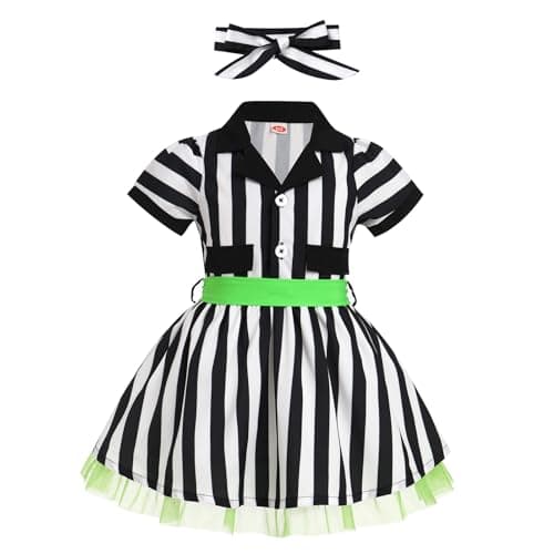 Toddler Girls' 50s Halloween Costume Set: Black and White Striped Dress with Headband
