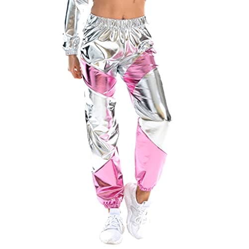 IMEKIS Women's High Waist Metallic Rave Jogger Pants Hip Hop Streetwear