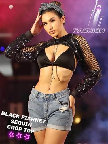 Fishnet Mesh Hoodie Crop Top with Sequin Detail for Women