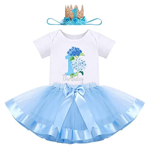 IBTOM CASTLE Baby Girl 1st Birthday Floral Lace Romper & Tutu Set+Crown Photo Clothes