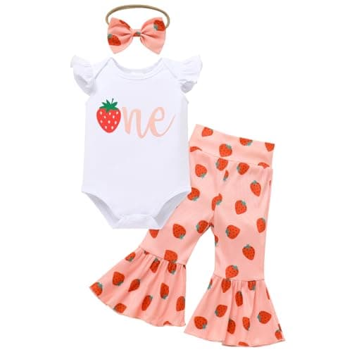 IMEKIS Baby Girl 1st Birthday Strawberry Peach Romper & Outfit