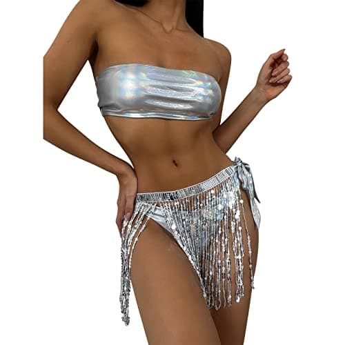 Holographic Sequin Fringe Tassel Skirt and Tube Bra Top Set