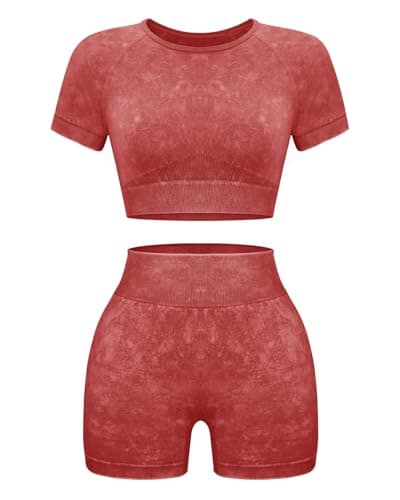 OLCHEE Women's Acid Wash Yoga Shorts & Crop Top Gym Outfit Set