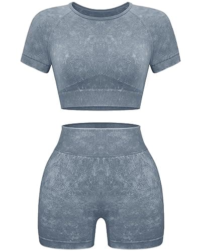 OLCHEE Women's Acid Wash Yoga Shorts & Crop Top Gym Outfit Set