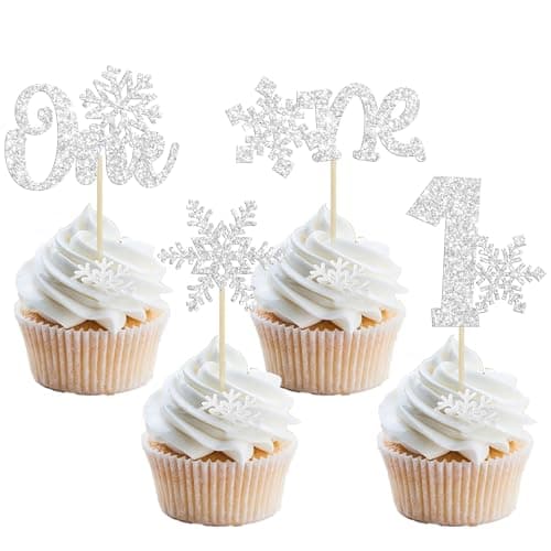 Gyufise 24 Pack Blue Silver Glitter Snowflake Cupcake Toppers for Winter Birthday