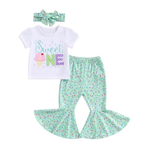 3Pcs Baby Girl Birthday Outfit Sweet One Two Short Sleeve T-Shirt Tops Bell Bottom Pants Set