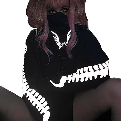 Goth Skeleton Hoodie Crop Top with Iron Chain for Halloween Festival