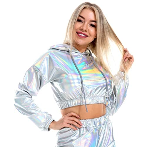 Womens Shiny Metallic Crop Top Hoodie