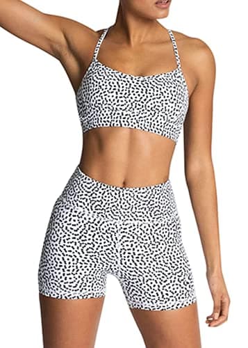 IWEMEK Women's High-Waisted Biker Shorts & Cross Back Sports Bra Gym Set