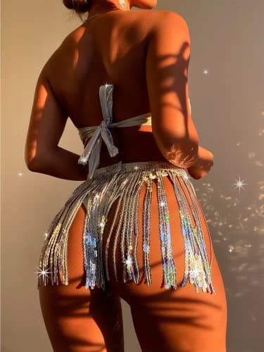 EVELUST Women's metallic holographic bodysuit & skirt set for EDC festivals