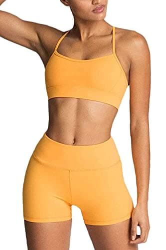 IWEMEK Women's High-Waisted Biker Shorts & Cross Back Sports Bra Gym Set