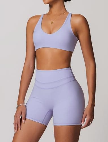 ABOCIW Women's V-Neck Twist Back Sports Bra & High Waist Biker Shorts Yoga Set