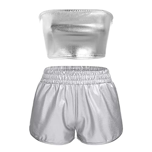 Metallic Rave Outfit for Women: Shiny Crop Top and Shorts for Music Festivals, Halloween Cosplay and Dance Clubwear