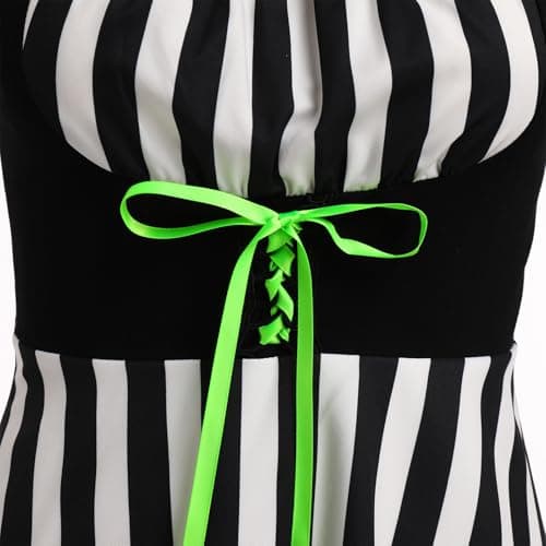 IMEKIS Women Black & White Striped Halloween Tulle Lace-Up Gothic Cosplay Dress