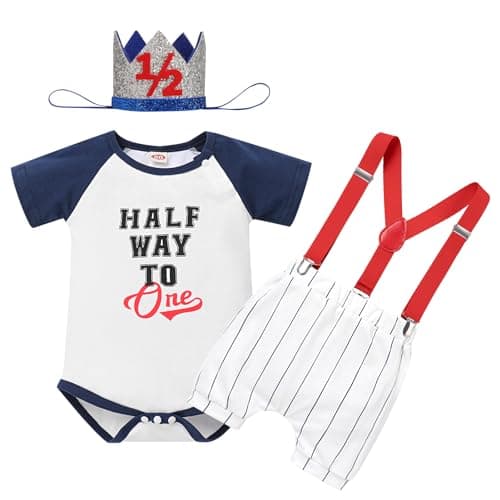 Half Birthday Outfit for Baby Boy: Romper, Suspenders, Crown Smash Cake Set