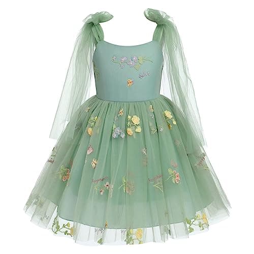 ODOLDI Baby Flower Girl Sleeveless Spaghetti Straps Floral Embroidered Birthday Dress