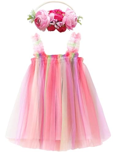 BGFKS Toddler Girl Rainbow Tulle Tutu Dress & Flower Headband Set