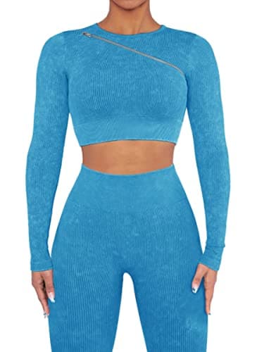 OLCHEE Women's Seamless Ribbed Workout Set - Acid Wash Yoga Leggings and Keyhole Crop Top Bra