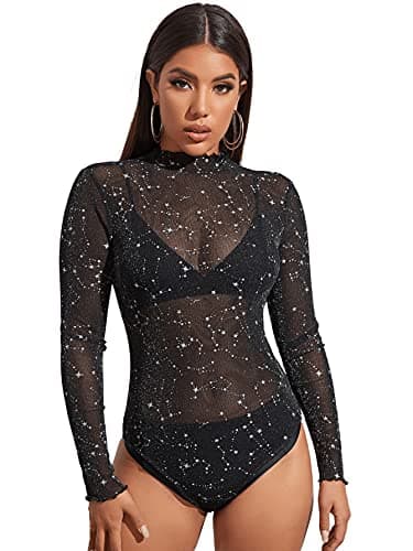SweatyRocks Women's Leopard Long Sleeve Mesh Bodysuit
