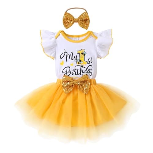 HAPPYMA Bee Sunflower Romper Tulle Tutu 1st Birthday Outfit