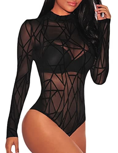 Sheer Mesh Turtleneck Bodysuit for Ladies