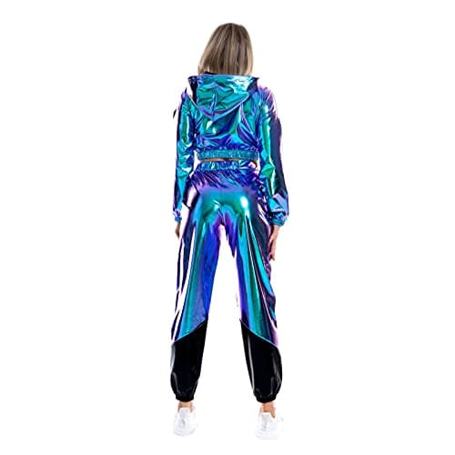 Women's Metallic Shiny Crop Top Hoodie and Long Pants Outfit for Rave Outfits and Disco Dance Clubwear