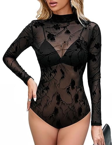 Sexy Rhinestone Studded Sheer Mesh Bodysuit for Women