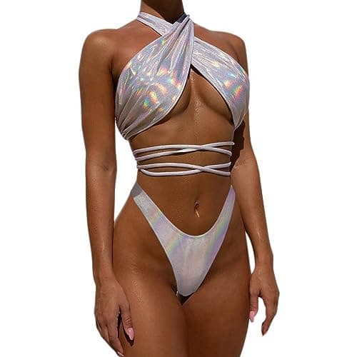 JUMISEE Women's Neon Hologram Strappy Bikini for Rave Party