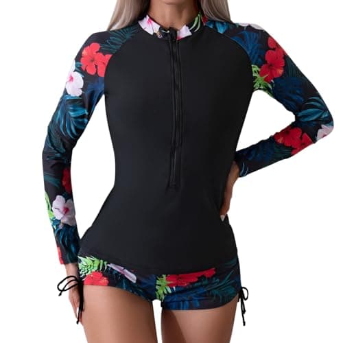 IMEKIS Women's Long Sleeve Rash Guard Set with Floral Print Shorts