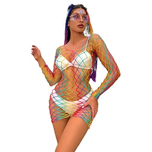 Rainbow Rave Outfit Fishnet Dress - Women's Music Festival Costume
