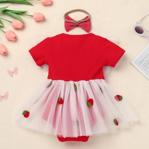 Newborn Baby Girl 1st Birthday Strawberry Butterfly Romper Dress with Headband for Cake Smash Photoshoot