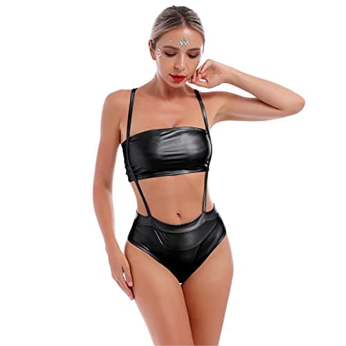 IMEKIS Metallic Rave Outfit Shiny Crop Top Bodysuit - Women's Music Festival Halloween Costume