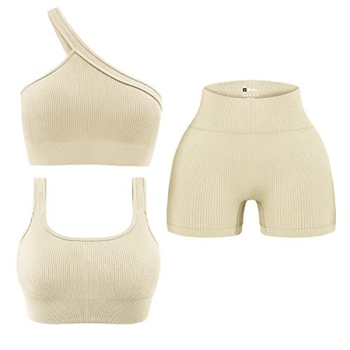 OLCHEE Women's 3-Piece Seamless Yoga Outfit - High Waist Shorts & One-Shoulder Sports Bra