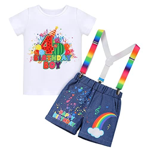 Toddler Boys Birthday Outfit with Melon Print: Romper Top, Jeans Shorts, and Suspenders