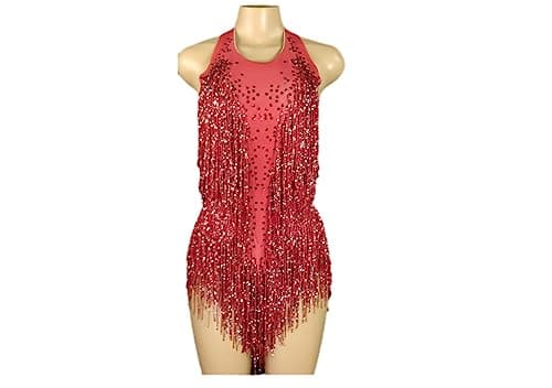 HEYDHSDC Sparkly Crystals Fringe Bodysuit Dance Costume