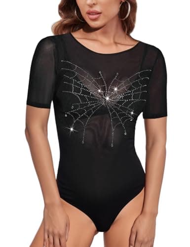 Sexy Rhinestone Studded Sheer Mesh Bodysuit for Women