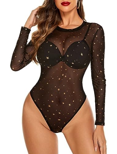 Women's Mesh Long Sleeve Bodysuit with Snap Crotch