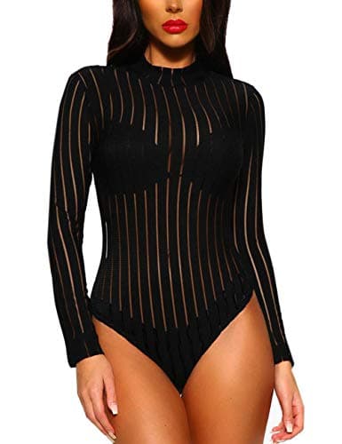 Sheer Mesh Long Sleeve Bodysuit for Women