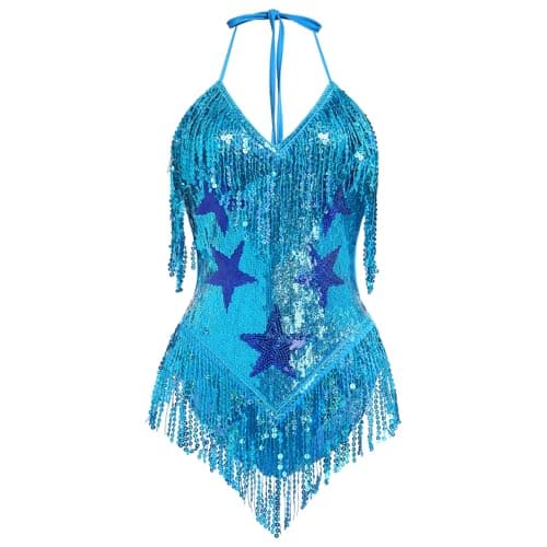 FYMNSI Women's Rave Bodysuit: Sleeveless Sequin Tassel Leotard for Nightclub and Halloween